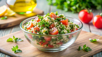Tabbouleh in glass bowl, fresh parsley and diced tomatoes. Tabbouleh, also known as tabuli, salad on cutting board is healthy. Prepare your own Tabbouleh salad for food blog.