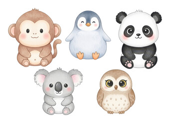 Adorable baby animals collection featuring monkey, penguin, panda, koala, and owl for whimsical designs.