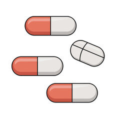 Illustration of orange and white capsule pills and a white tablet