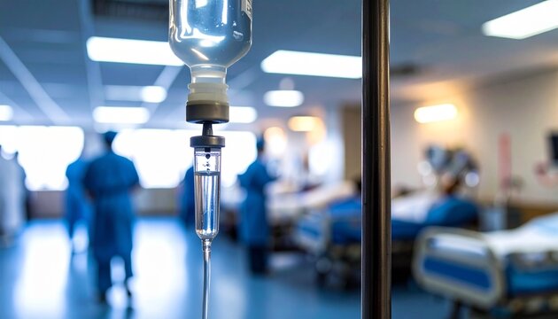 Close-up of an intravenous drip in a busy hospital ward with medical staff, representing patient care and treatment.