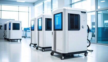 A row of advanced mobile industrial machines with glowing blue screens in a modern high-tech laboratory or factory