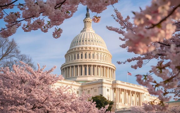 Fototapeta US Capitol Building framed by blooming cherry blossom trees in Washington DC US Capitol Building