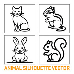 A  Black and White Cat, Chipmunk, Rabbit, and Squirrel Vector Set silhouette 