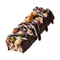 Chocolate coated nut protein energy fitness bar topped with almonds, cashews, walnuts, and chocolate drizzle isolated on white transparent background, concept of healthy snack