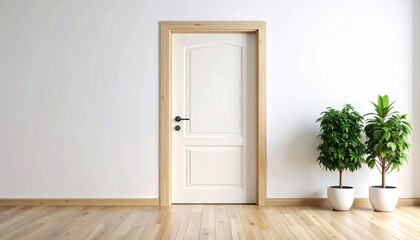 Bright empty room with a closed white door and potted plants, symbolizing opportunity and a new beginning.