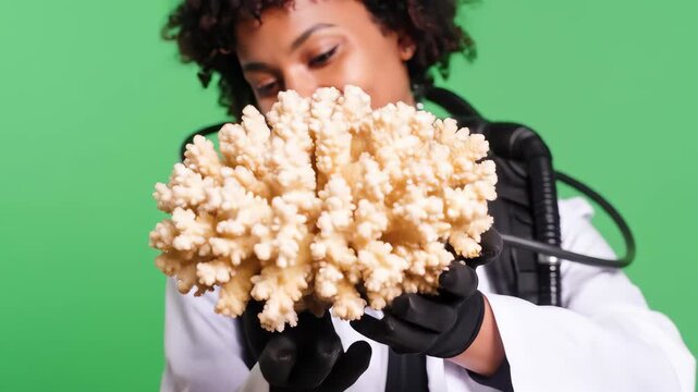 Smiling Marine Biologist in Scuba Gear Carefully Examines a Large Coral Specimen on a Green Screen