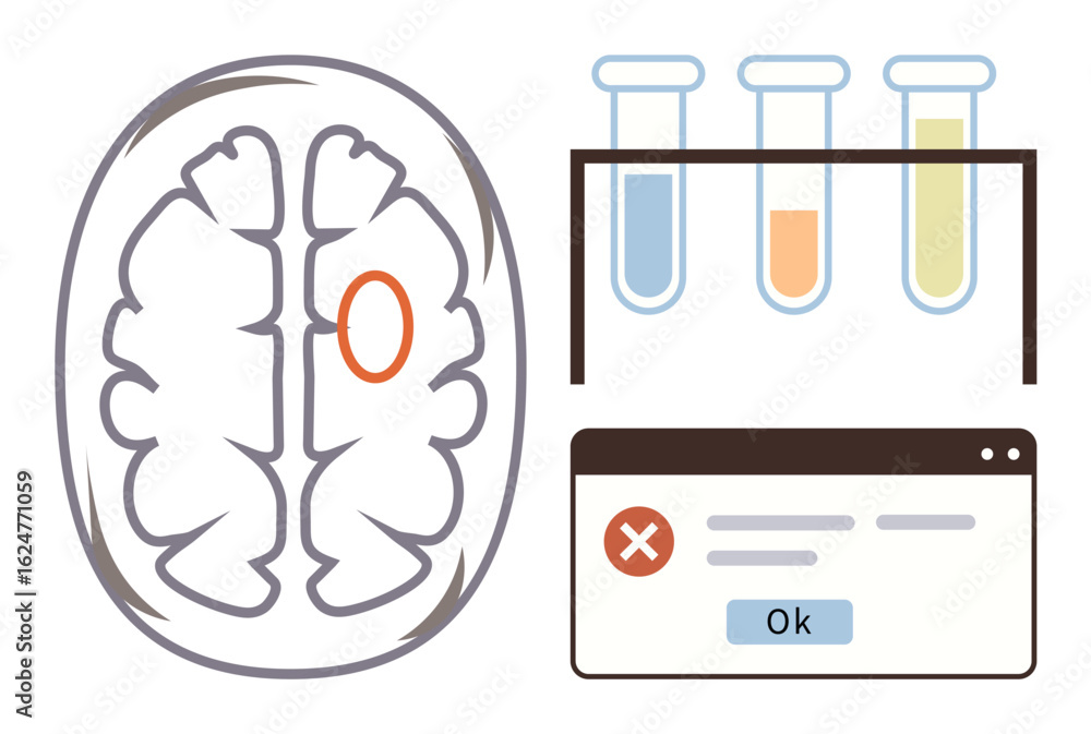 Poster cross-section of a brain with a red-highlighted area, three colored test tubes on a rack, and an err