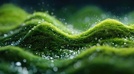 Lush green moss hills, glistening with water droplets