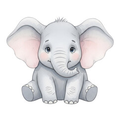 Fototapeta premium Charming watercolor baby elephant sits playfully, perfect for nursery decor and children's book illustrations