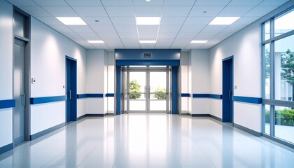 Fototapeta premium Bright and modern hospital hallway interior with polished floors and blue details. An empty corridor in a contemporary healthcare clinic.
