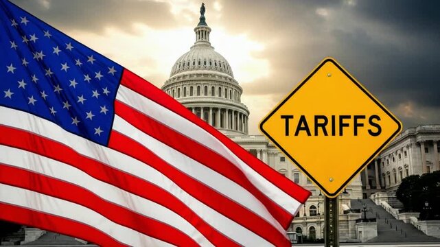 American flag with capitol building and tariffs sign against stormy sky backdrop view scene