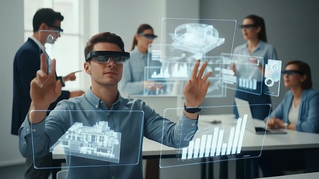 A team of professionals uses augmented reality glasses to interact with holographic data and 3D models in a modern office setting.