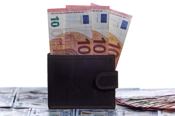 Wallet with euro banknotes on money table