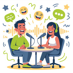 podcast illustration man and woman with mic and headphone