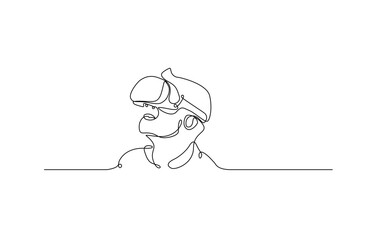 Continuous one line drawing Man in glasses device virtual reality. Vector