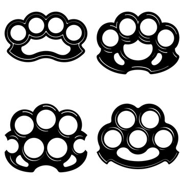 Illustration showing four distinct designs of black knuckle dusters on a white background in a square layout