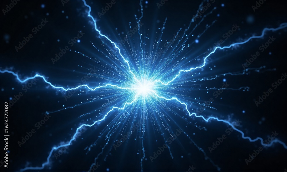 Poster a vibrant blue energy burst radiates outward, creating a dynamic display of light and electricity ag