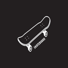 A white outline of a skateboard with wheels and the word skateboard on a black background design