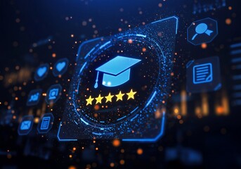 night city lights, Digital certificate badge with graduation cap and five stars symbolizes achievement and excellence in education