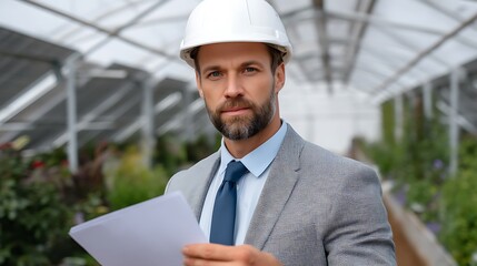 Fototapeta premium Professional Man in Grey Suit and Hard Hat Holding Documents in Indoor Greenhouse Setting