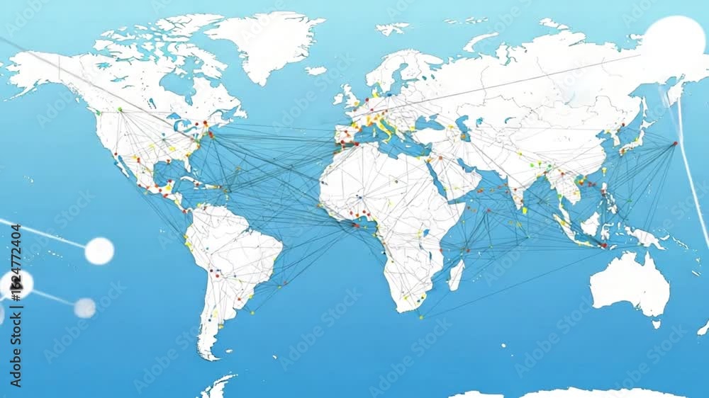 Poster Detailed world map showing global connections with lines between various cities and countries