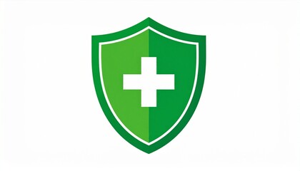 Obraz premium A flat graphic design of a green security shield with a white health cross, symbolizing medical protection, safety, and immunity.
