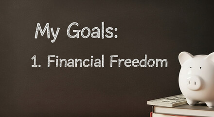 Chalkboard with "My Goals: 1. Financial Freedom" written on it, beside a piggy bank on books and cash, symbolizing financial planning and achieving goals