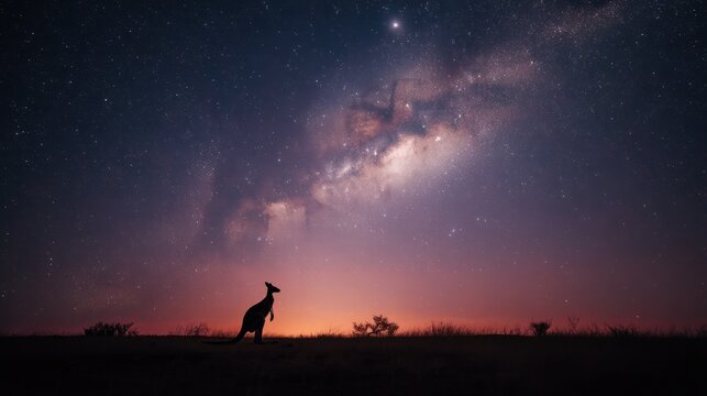Kangaroo hopping through the open outback with Milky Way stars above
