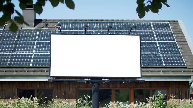 Clean Blank White Billboard with Eco Home Background Featuring Solar Panels Lush Greenery and Clear Sky Ideal for Sustainable Advertising Modern Promotions and Renewable Energy Concepts