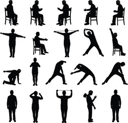 Seniors and elderly people exercising, stretching, and daily activities silhouette set for health and wellness, flat vector illustration.