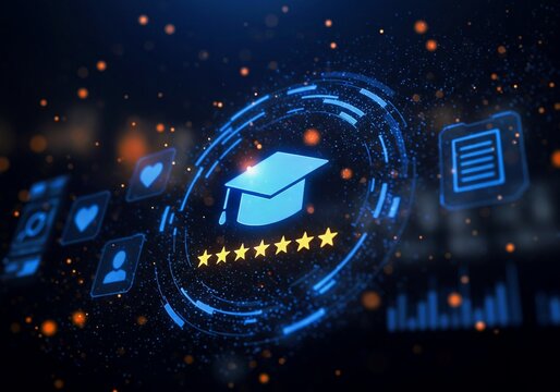 abstract background with glowing lights, Digital certificate badge with graduation cap and five stars symbolizes achievement and excellence in education
