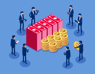 Financial statistics, accountant, bill calculation. Flat isometric vector concept