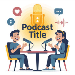 podcast illustration man and woman with mic and headphone