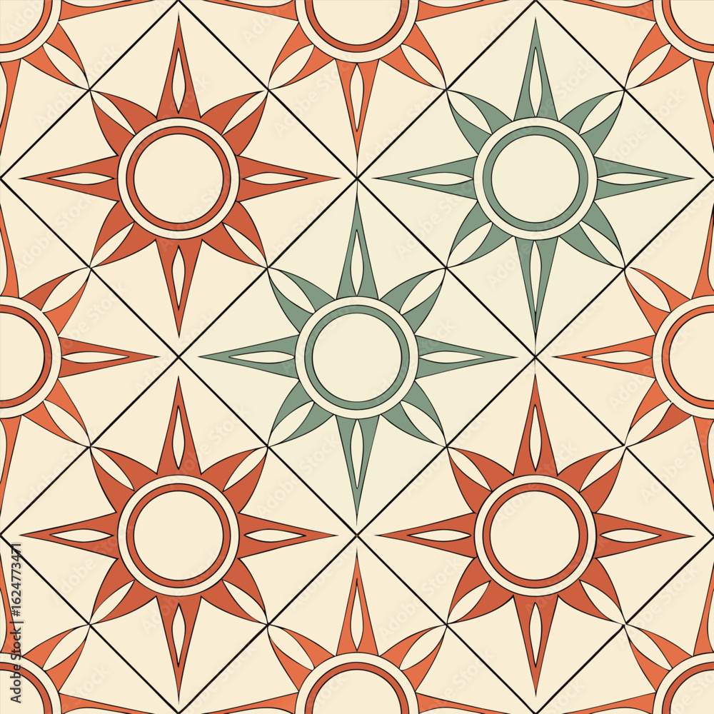 Poster a seamless geometric pattern featuring a repeating arrangement of abstract shapes and lines suitable
