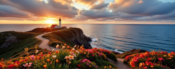 coastal cliffside view with a lighthouse overlooking the ocean, wildflowers on the edge of the path