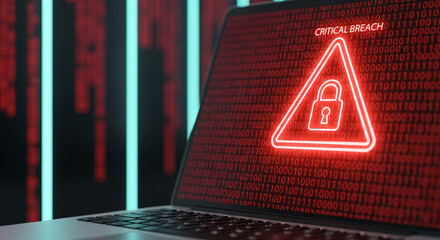 Laptop screen displays red binary code, a neon red warning triangle with a lock, indicating a critical security breach, symbolizing data vulnerability and cybersecurity risk
