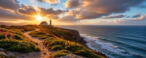 coastal cliffside view with a lighthouse overlooking the ocean, wildflowers on the edge of the path
