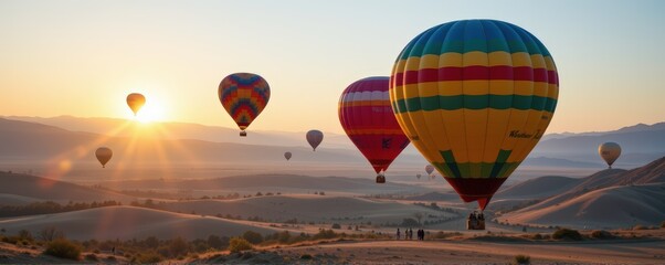Obraz premium hot air balloons floating over a scenic valley at dawn, colorful balloons against pastel sky