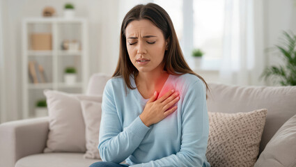Young woman experiencing chest pain and discomfort while sitting on a couch at home, seeking medical attention