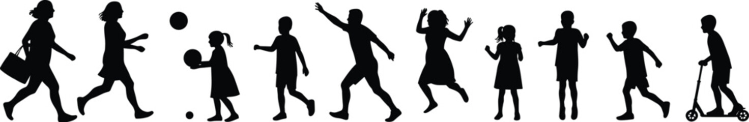 Set of people silhouettes, adults and children playing, running, and walking. isolated vector black on white background.