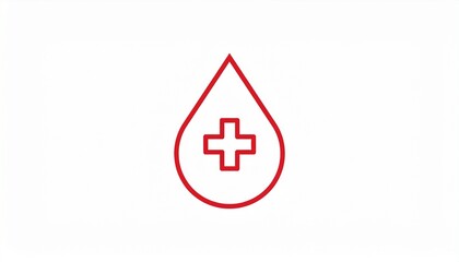 Blood donation icon with red drop and medical cross symbol. A minimalist graphic for healthcare, charity, and humanitarian aid concepts.