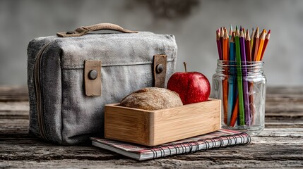 A rustic lunchbox, , and pencils sit atop a weathered wooden desk ready for the start of school year.