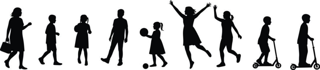 Set of people silhouettes, adults and children playing, running, and walking. isolated vector black on white background.