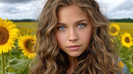 A young woman with curly blonde hair and blue eyes standing in a sunflower field under a cloudy sky