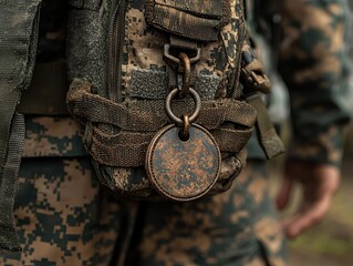 Close-up of a weathered bronze disc keychain attached to a military backpack