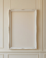Neutral-toned printable nursery wall art with an empty decorative frame in a calm café corner, minimalist design with creamy beige wall, ideal for soothing infant spaces