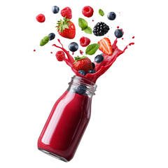 Vibrant berry smoothie splashing from glass bottle, surrounded by fresh fruits and mint, isolated on white transparent background, concept of freshness
