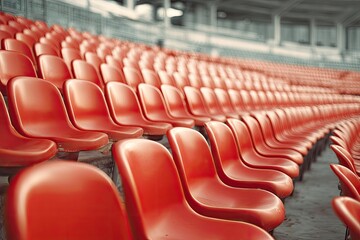 Empty stadium seats, rows of red plastic chairs
