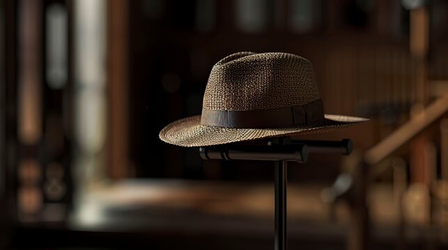 A photo of a pork pie hat on a music stand.