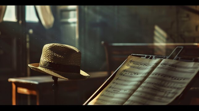 A photo of a pork pie hat on a music stand.
